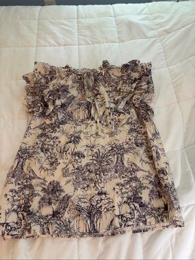 entro Cream and blue Printed Ruffle Off-Shoulder Blouse